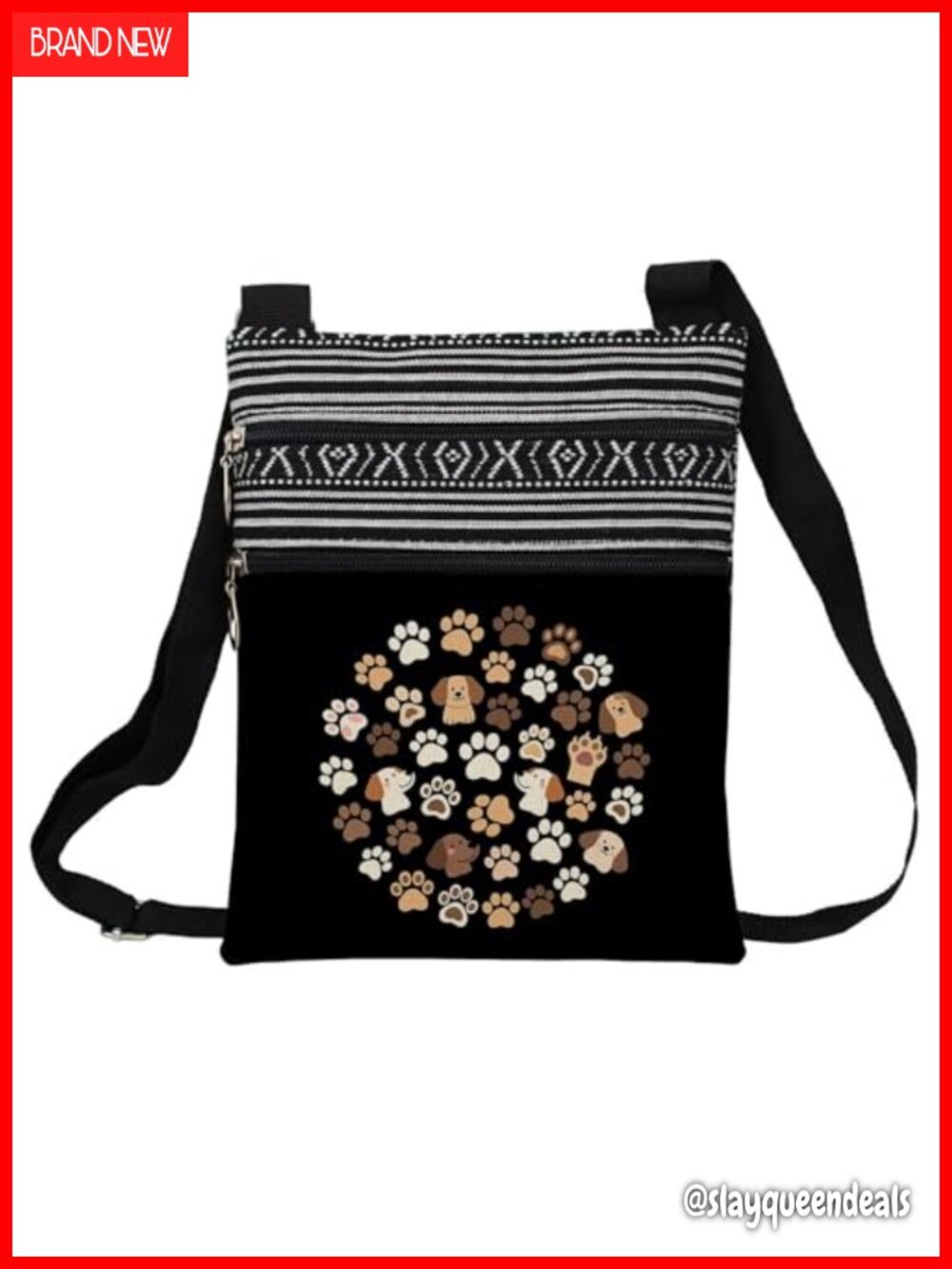Paw Pattern Crossbody Bag Polyester Zipper Messenger Adjustable Strap